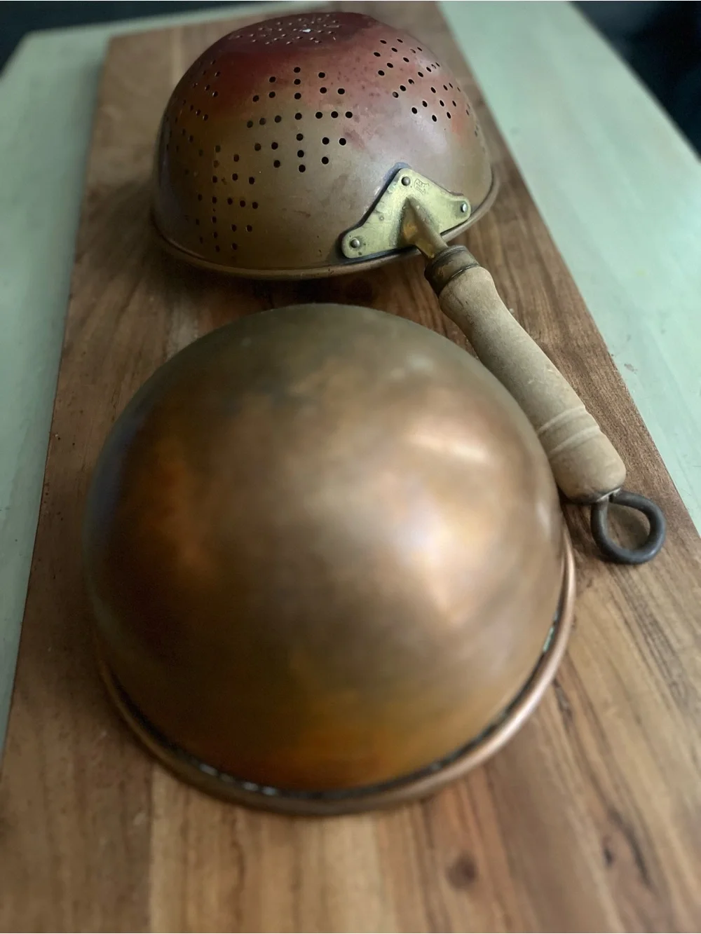 Vintage Copper-Tone Skimmer and Mixing Bowl Set with Wooden Handle